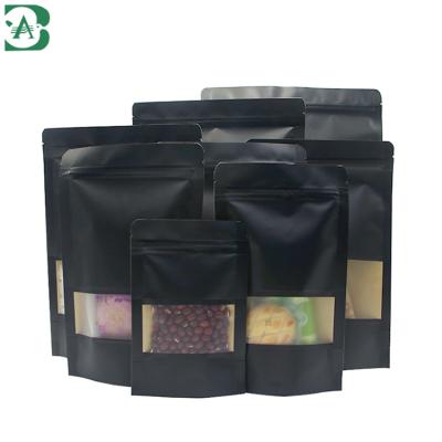 China Biodegradable Black Kraft Paper Food Bag Stand Up Pouch Zip Lock With Window for sale