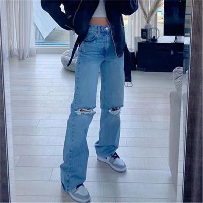 China High-waisted breathable wide-leg pants women's spring European and American street loose jeans ripped straight pants wiping pants for sale