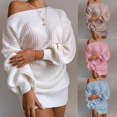 China 2021 autumn and winter new women's sweater European and American popular leisure anti-shrink off the shoulder lantern sleeve knitted woolen dress for sale