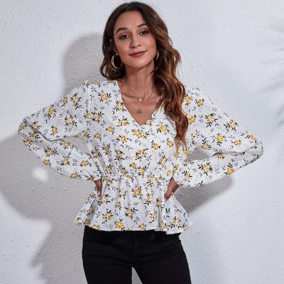 China European and American style women's clothing spring flower printing broken wais of the new class anti-pilling 2022 cross and autumn group yellow flower for sale