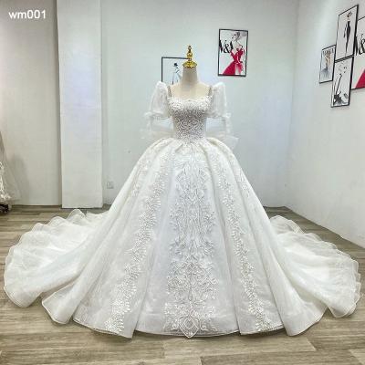 China Jancember Breathable WM001 Pearl The Square Collar Luxury Short Sleeve Ball Gown Wedding Dresses Bridal Gowns for sale