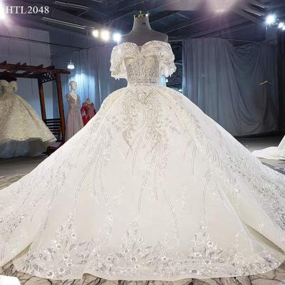 China Jancember HTL2048 2020 2020 Breathable Champagne Lace Appliques Long Train Wedding Dress Luxury Elegant Bridal Gown for sale