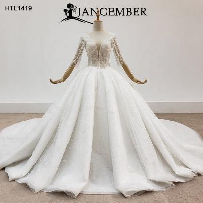 China Jancember Long Sleeve Breathable Crystal Deep V Ball Gown Bridal Wedding Dress AHTL1419 for sale