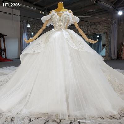 China Jancember HTL2306 Breathable Lace Illusion Off The Shoulder Applique Lace Wedding Dress With Tailing Dress for sale