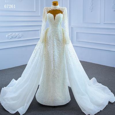 China Jancember RSM67261 Luxury Breathable White Neck Long Sleeves Mermaid Wedding Dress High Neck for sale