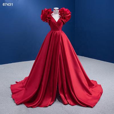 China Jancember Satin Ruffle Flower Prom V-Neckline Evening Red Bridal A-line Dress RSM67431 for sale