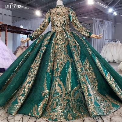 China Jancember LS11093-1 Anti-Static Gold Muslim Evening Dress And Green High Neck Full Sleeve for sale