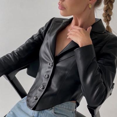 China Fashion QUICK DRY PU Leather Jackets For Women Tops Sheath Long Autumn Winter Crop Top Button Up 2022 Black Coats for sale