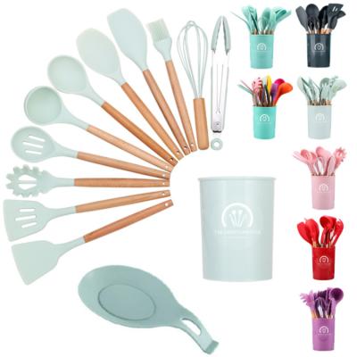 China Wooden Kitchenware 12pcs Non-stick Sustainable Silicone Cooking Wooden Cooking Utensils Sets With Gloves for sale