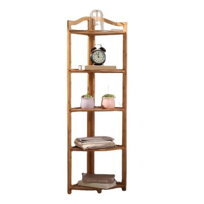 China Wholesale Sustainable Bathroom 5 Tier Free Standing Bamboo Corner Storage Shelf Eco-Friendly Corner Shelf for sale