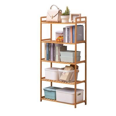 China 5 Tier Bamboo Bookshelf Book Shelves Expandable Modern Storage Organizer Rack Shelving Free Standing for sale