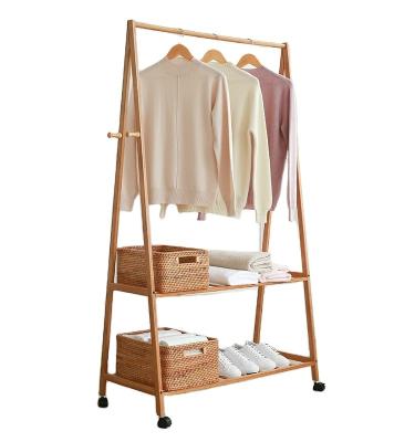 China (Height) Adjustable Bamboo Clothes Rack On Wheels Rolling Garment Rack With 2-Tier Storage Shelves And 4 Coat Hooks For Shoes, Clothing for sale