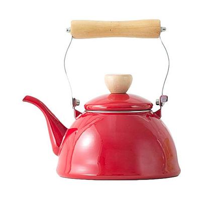 China Viable Bright Red Enamel Whistling Tea Kettle With Handle Cast Iron Kitchen Decor Wooden Teapot For Coffee for sale