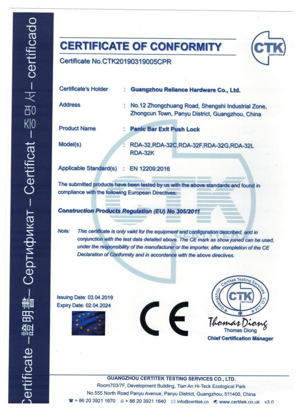 CE - Guangdong Reliance Architectural Hardware Co., Ltd.