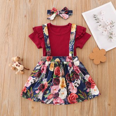 China New design red color washable summer sets for girls, summer flower set, girls essential skirt and shirt set for sale