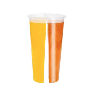 China Juice Bubble Tea Milkshake Twin pp 2 Compartment Custom Disposable Single Wall Hard Transparent Clear Drinking Cup With Flat Dome Lid for sale