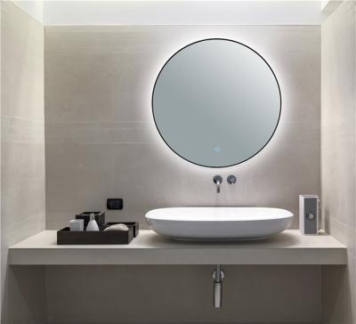 China Illuminated Wall Mounted LED Makeup Black Metal Framed Round Bathroom Mirror For Hotel for sale