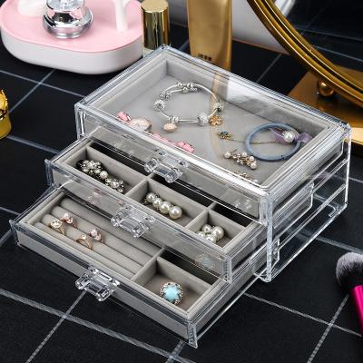 China Necklaces Storage Velvet Three-Layer Transparent Acrylic Drawer Jewelry Storage Box New for sale