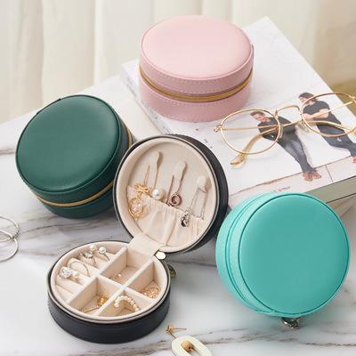 China PU Leather Travel Jewelry Box Earring Jewelry Storage Box Portable Round Leather Hand Jewelry Storage Box for sale