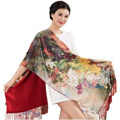 China Ladies Big Scarf Floral Print Tassel Long Scarf Winter 100% Silk Shawl Scarves for sale