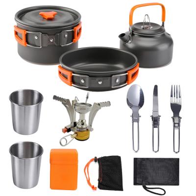 China Outdoor Gas Cooker Tableware Stove Spoon Fork Knife Kettle Nonstick Pots Filters Camping Cookware Picnic Cooking Set for sale