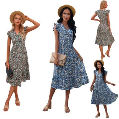 China Foreign trade breathable women's wear new 2022 summer style V-neck flight sleeve floral dress sweet long skirt for sale