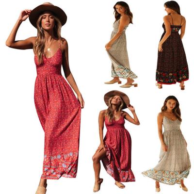 China 2022 Summer New Big Swing Skirt Women's Breathable V-Neck Bohemian Strap Dress Floral Dress for sale