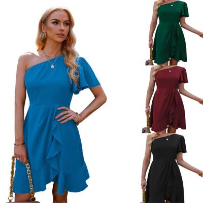 China 2022 Summer New Minority Foreign Trade Women's Ruffle Dress Design Breathable Sense Off The Shoulder Dress for sale