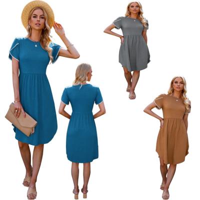 China 2022 summer new foreign trade round neck middle and long skirt women's breathable clothing women's casual dress for sale