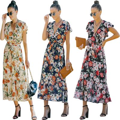 China 2022 breathable spring and summer V-neck new wish foreign trade flower chiffon broken dress the long skirt for sale