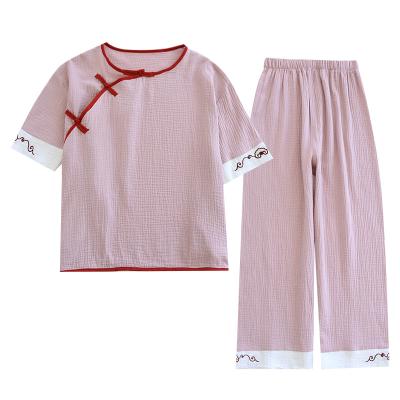 China Summer QUICK DRY Organic Cotton Vintage Crepe Comfortable Solid Pajamas Suit for sale