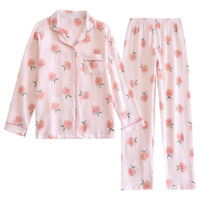 China New QUICK DRY Solid Soft Long Sleeve Long Pants Sleepwear Crepe Peach Pajamas Set for sale