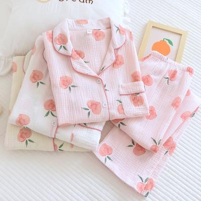 China Custom QUICK DRY custom women's double-layer crepe pajamas cardigan thin Japanese printed home clothes set spring and autumn cotton home clothes for sale