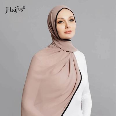 China 2021 New Fashion Chiffon Monochrome Piping Chiffon Scarves Hijab Scarf Muslim Headscarf With Black Border for sale