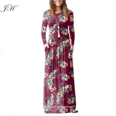 China Wholesale Breathable Round Neck Tunic Dress Women's Floral Print Empire Maxi Dress Long Sleeve With Pocket for sale