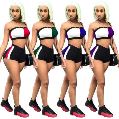 China Shorts 2022 Breathable Women's Sexy Suit With Overalls Contrast Color And Chest Wrap Wrap Shorts 2 Piece Set Paneled Crop Tops for sale