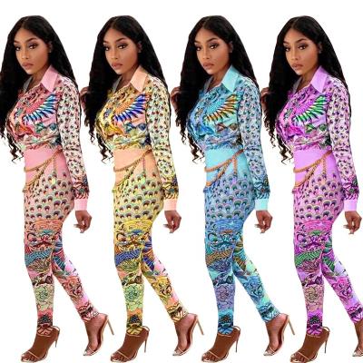 China 2022 Breathable Women Print Peacock Print Long Sleeve V-Neck Tops And Pencil Long Pants Tracksuit Animal Print Casual Two Piece Sets for sale