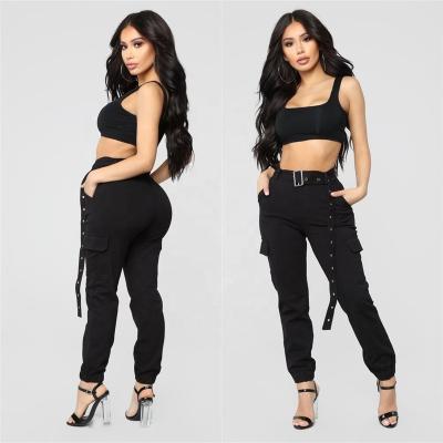 China 2022 Fashion Breathable High Waist Ladies Belted Soft Black Reactive Dyed Stretch Joggers Full Cargo Soft Fabric Pants for sale