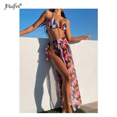 China 2021 3pack Ribbed Cutout Bikini Swimwear and Beach Skirt Three-Piece Breathable Bikini All Over Triangle Bikini Graphic Swimwear for sale