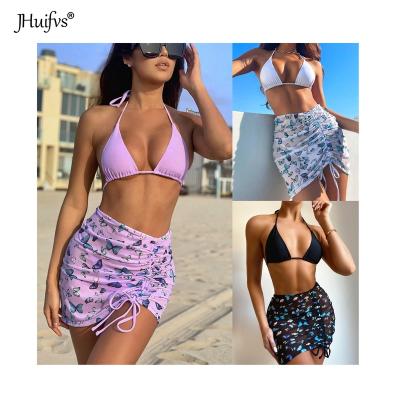 China 2021 2021 Women's Breathable Floral Triangle Bikini Skirt Sexy Swimwear And Butterfly Print Triangle Bikini Beach Swimwear With Beach Skirt for sale