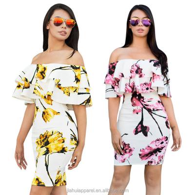 China 2022 Washable Fashion Elastic Floral Print Off The Shoulder Short Sleeve Bodycon Dress for sale