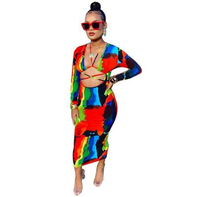 China 2021 Women Sexy Casual Printed Shirt Dress Long Sleeve Bandage Midi Wrap Washable Sexy Dress for sale