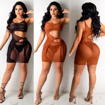 China 2021 Plus Size Washable Dress Fashion Sexy Women's Sheer Mesh Sleeveless Beach Cover Up Club Short Dress for sale