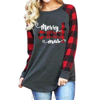 China Fashion Breathable T-shirt Merry Christmas 2020 Alphabet Printing Casual Print Checkered Color Long Sleeve Loose T-shirt For Women Clothing for sale