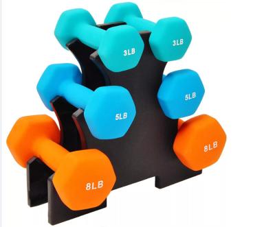 China Solid Iron Core To Prevent Breakage Colored Neoprene Coated Dumbbell Set Different Kgs With Rack Fitness Hex Neoprene Dumbbell Set for sale