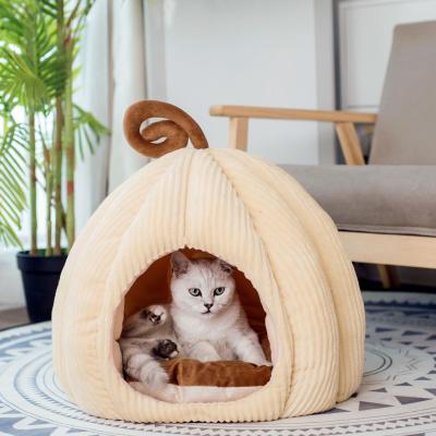 China Travel Halloween Beige and Navy Blue Pumpkin Pet Cat Cave with Cushion Soft Winter Warm Pet Bed for Cat and Small Dogs for sale