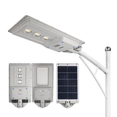 China Hot sale outdoor ip65 waterproof 50 100 150 200 W wide illumination area 2021 integrated all in one led solar street light for sale