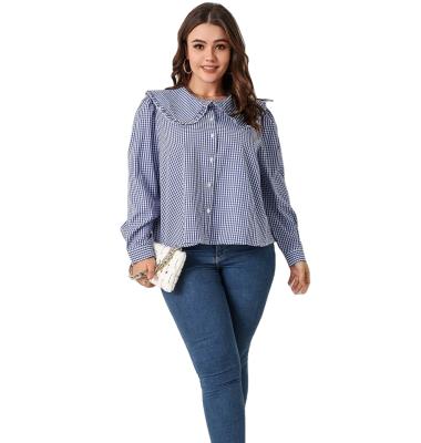 China QUICK DRY Plus Size Fabric Blouses Summer Blue Classic Plaid Printed Women's Shirts for sale