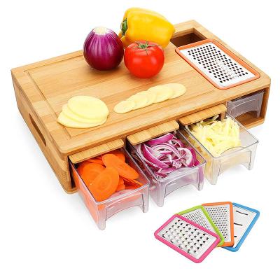 China Sustainable multifunctional bamboo cutting board wooden chopping board smart wood cutting boards with containers 4 drawers for sale