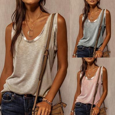 China Silver Summer O Anti-Pilling Patchwork Crop Tank Top Women Casual Loose Neck Lady for sale